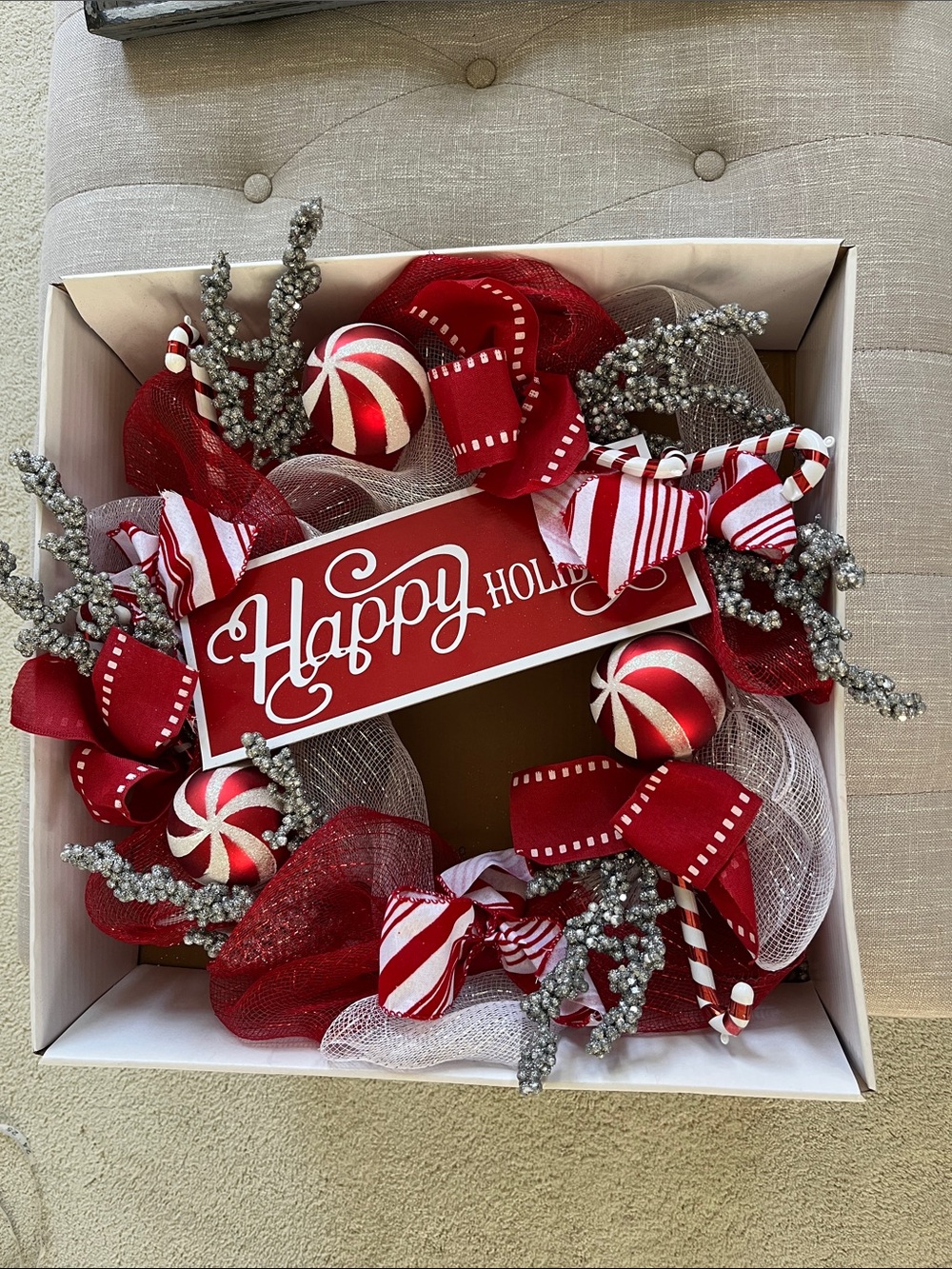 Holiday "Happy Holidays" Red & White Decorative Wreath
